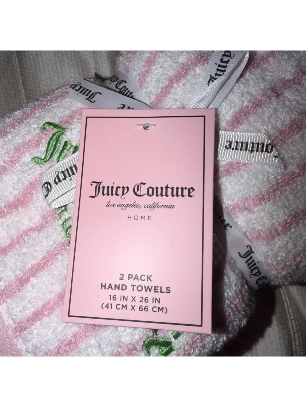 Juicy Couture Pink stripes w/ green logo Bath Towel Set 4PC Home Collection NWT